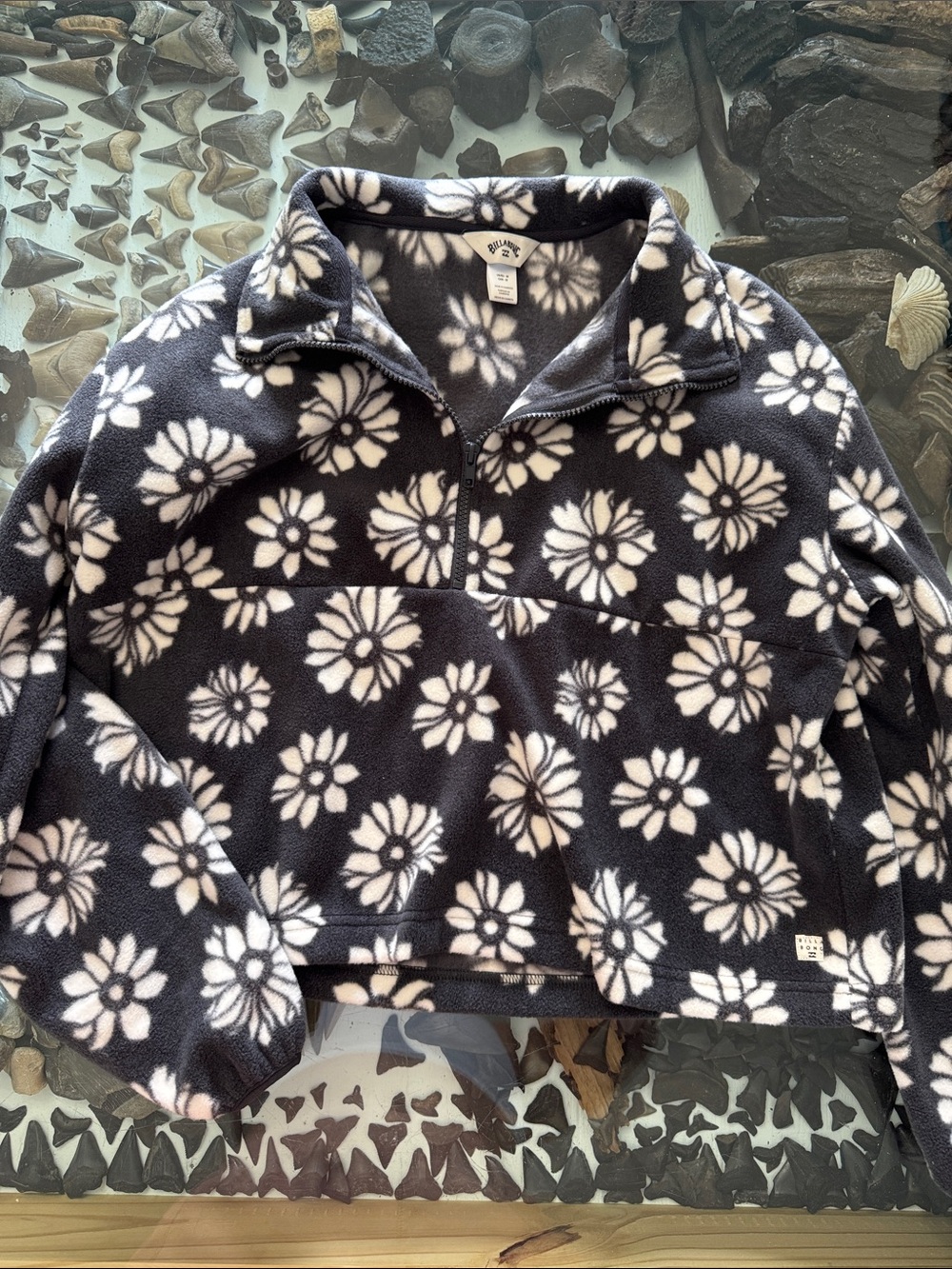 Billabong Black and White Floral Fleece Pullover